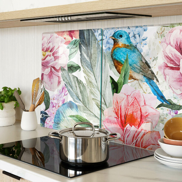 Glas-Schneidebrett mit Aquarell-Motiv aus Blumen und Vögeln