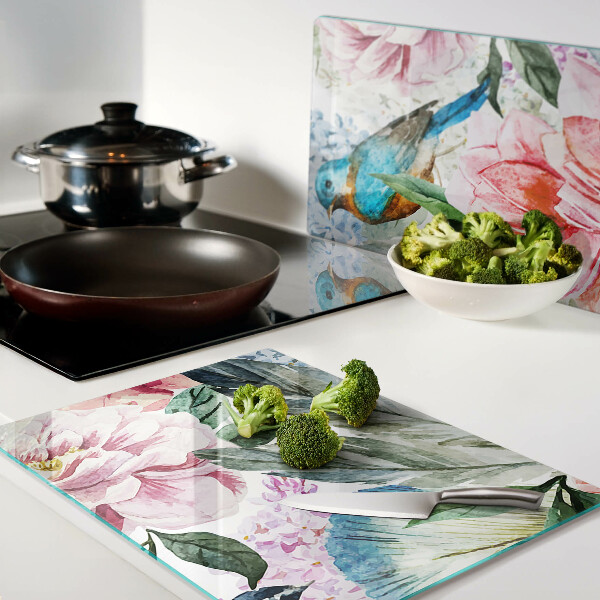 Glas schneidebrett Blumen und Vögel in Aquarell