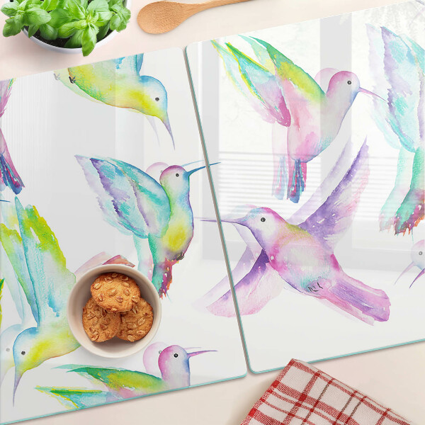 Schneidebrett Glas mit Kolibris im Aquarellstil
