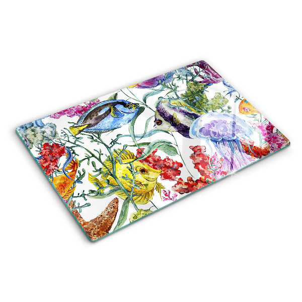 Glas schneidebrett Meeresmotiv mit Fischen und Quallen