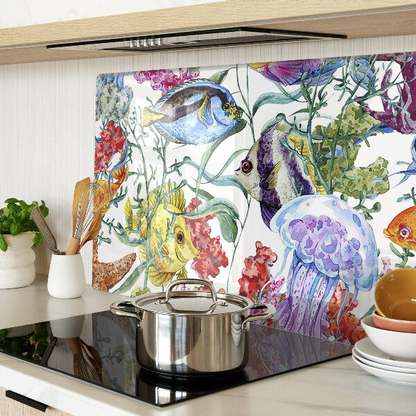 Glas Schneidebrett mit Meeresmotiv mit Fischen und Quallen