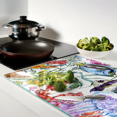 Glas Schneidebrett mit Meeresmotiv mit Fischen und Quallen