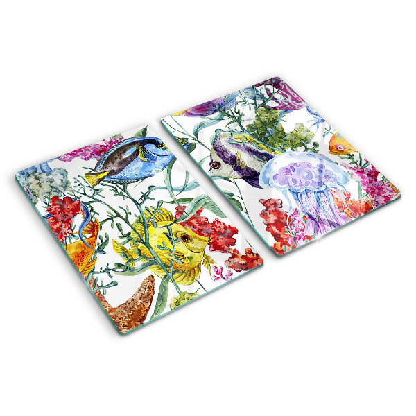 Glas schneidebrett Meeresmotiv mit Fischen und Quallen