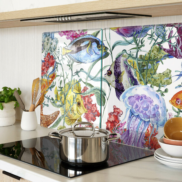 Glas Schneidebrett mit Meeresmotiv mit Fischen und Quallen