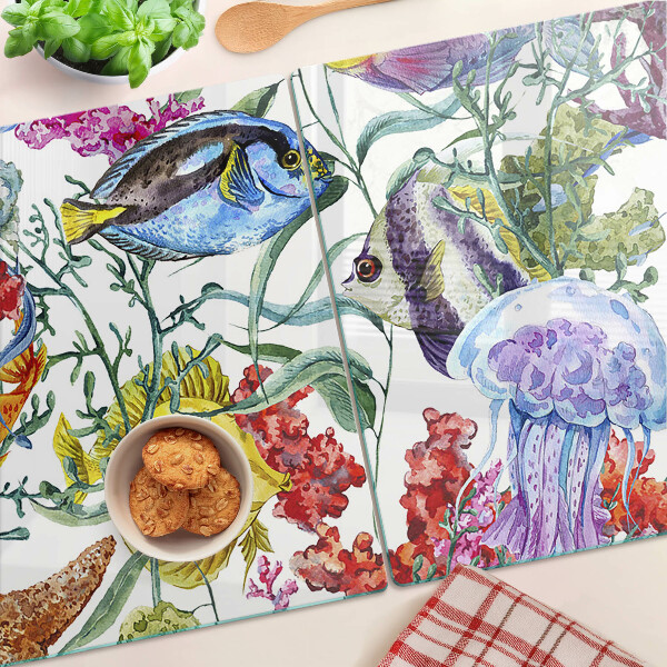 Glas Schneidebrett mit Meeresmotiv mit Fischen und Quallen