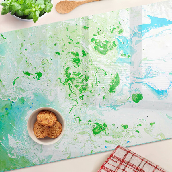 Schneidebrett Glas mit abstraktem Wirbelmuster in Grün und Blau