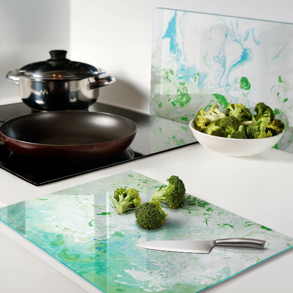 Schneidebrett Glas mit abstraktem Wirbelmuster in Grün und Blau