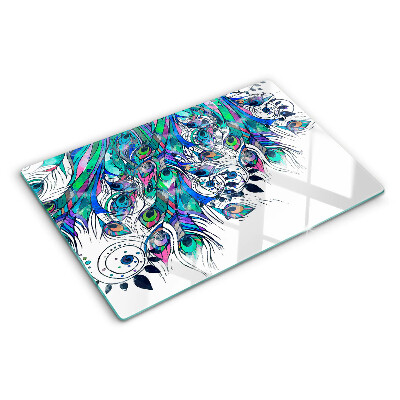 Schneidebrett glas Pfauenfedern in Grün und Blau