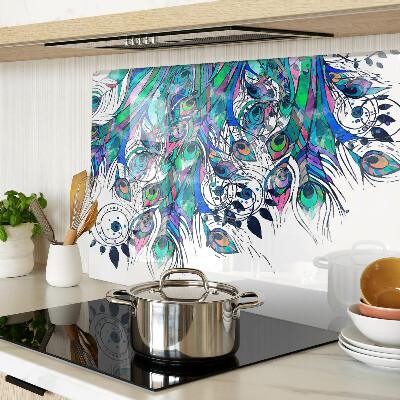 Schneidebrett Glas mit Pfauenfedern in Grün und Blau