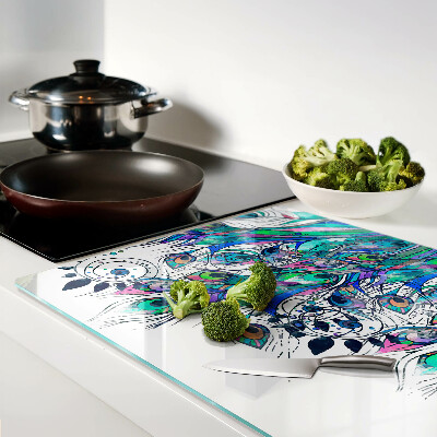 Schneidebrett Glas mit Pfauenfedern in Grün und Blau