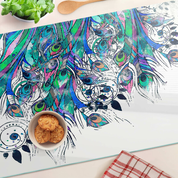 Schneidebrett glas Pfauenfedern in Grün und Blau