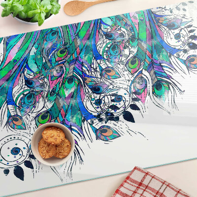 Schneidebrett glas Pfauenfedern in Grün und Blau