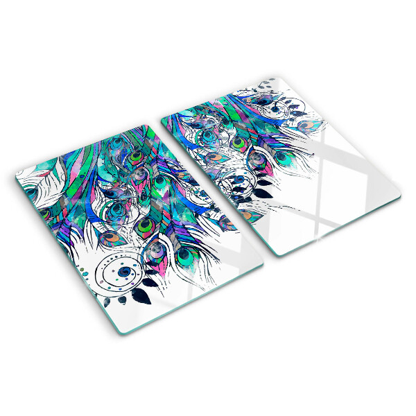 Schneidebrett Glas mit Pfauenfedern in Grün und Blau