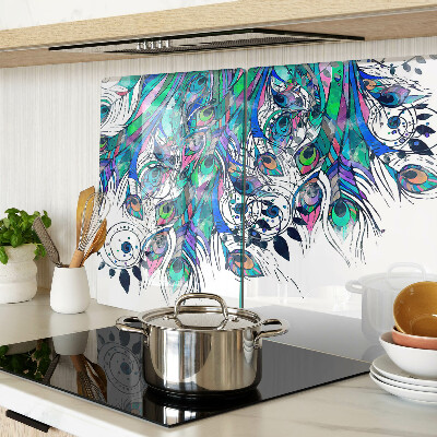 Schneidebrett Glas mit Pfauenfedern in Grün und Blau