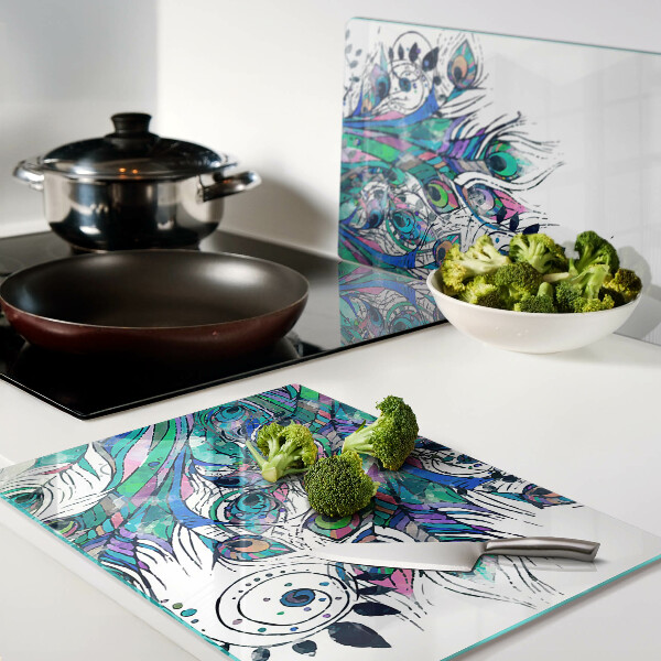 Schneidebrett glas Pfauenfedern in Grün und Blau