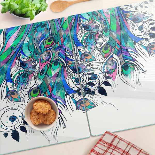 Schneidebrett Glas mit Pfauenfedern in Grün und Blau