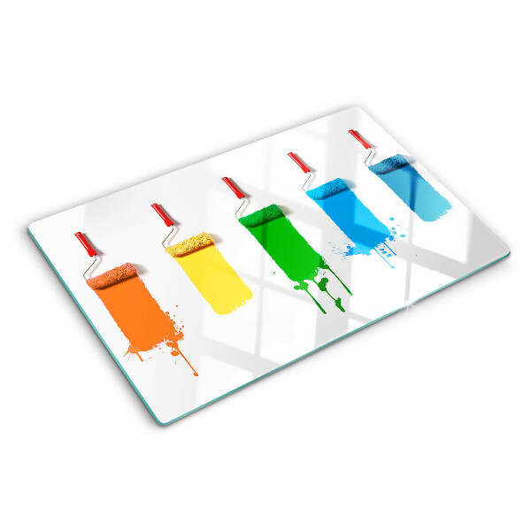Schneidebrett Glas mit buntem Pinselmotiv in Regenbogenfarben