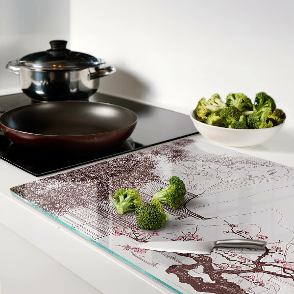 Glas schneidebrett Berglandschaft mit blühenden Bäumen