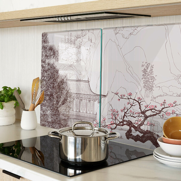 Glas schneidebrett Berglandschaft mit blühenden Bäumen