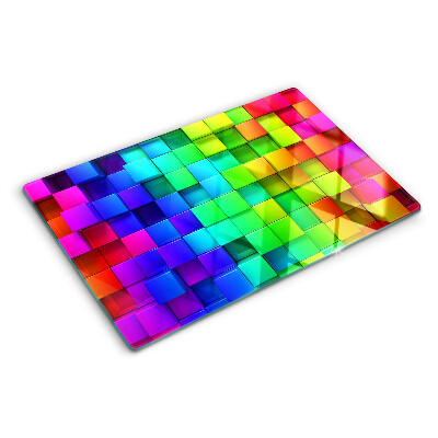 Glas-Schneidebrett mit Regenbogenquadraten in einem Mosaikdesign