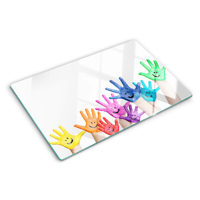 Glas Schneidebrett mit bunten, lächelnden Händen als Motiv