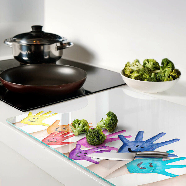 Glas schneidebrett Bunte, lächelnde Hände