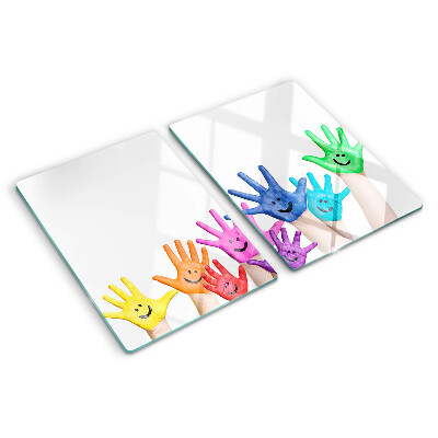 Glas schneidebrett Bunte, lächelnde Hände