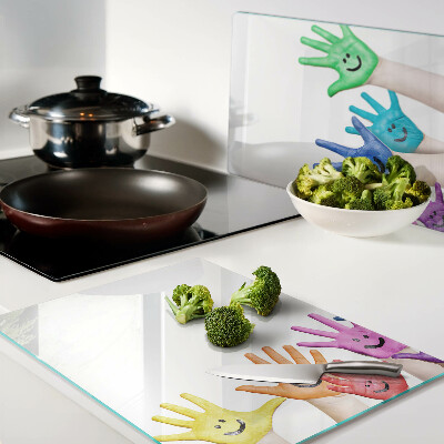 Glas schneidebrett Bunte, lächelnde Hände