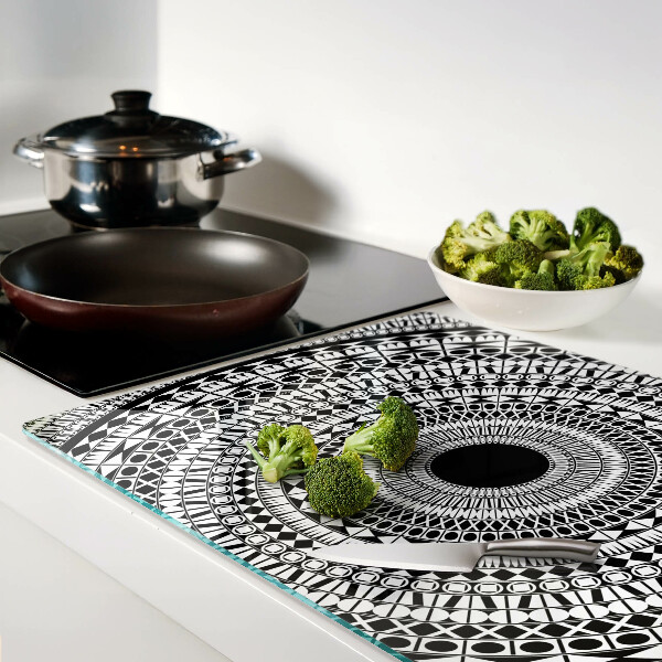 Schneidebrett glas Mandala in Schwarz-Weiß-Tönen