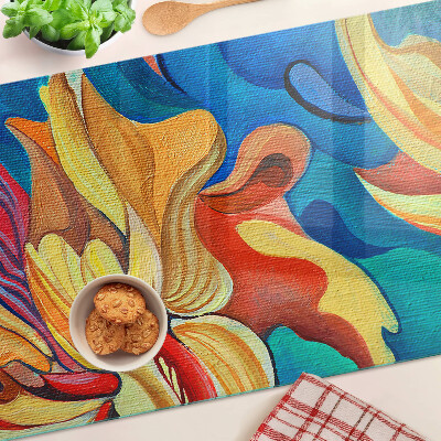 Schneidebrett Glas mit bunten Blumen auf abstraktem Hintergrund