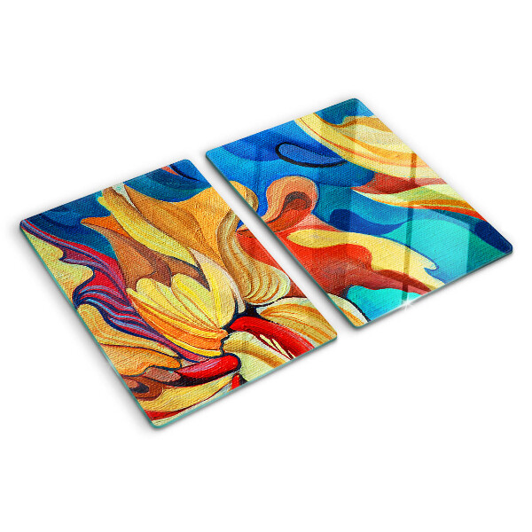 Schneidebrett Glas mit bunten Blumen auf abstraktem Hintergrund