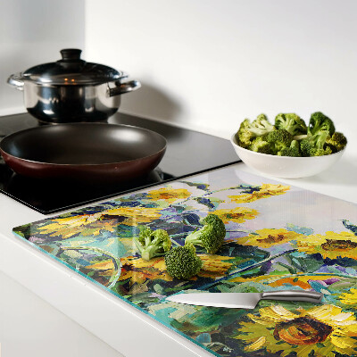 Schneidebrett mit Motiv Sonnenblumen im Garten