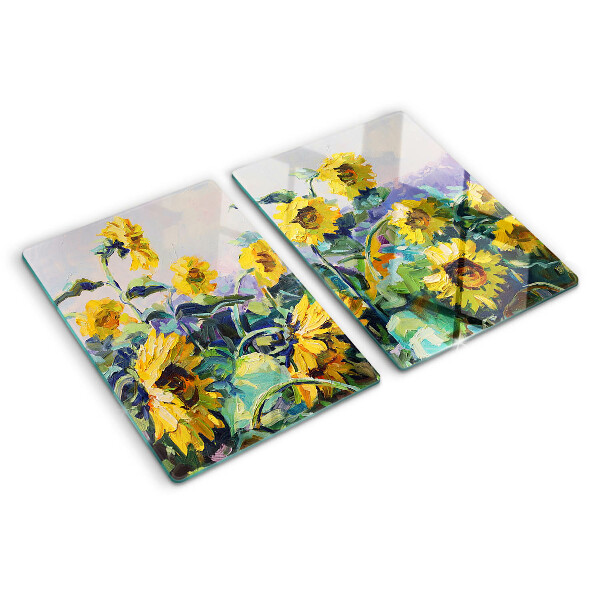 Schneidebrett mit Motiv Sonnenblumen im Garten