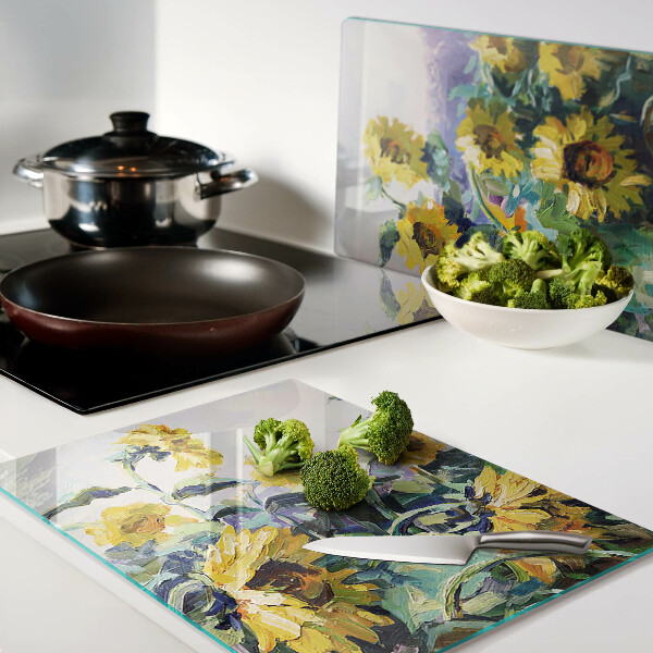 Schneidebrett Sonnenblumen im Garten