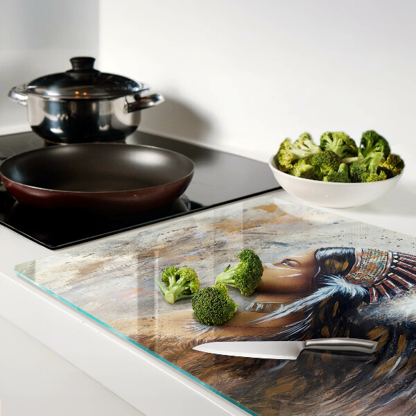 Glas-Schneidebrett mit Motiv einer Indianerin mit Federkopfschmuck