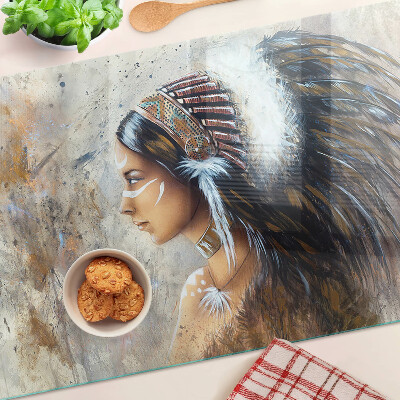 Glas-Schneidebrett mit Motiv einer Indianerin mit Federkopfschmuck