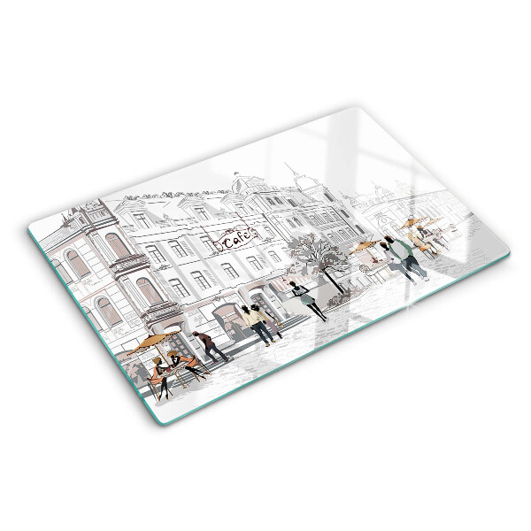 Glas-Schneidebrett mit Cafészenerie aus der Stadt