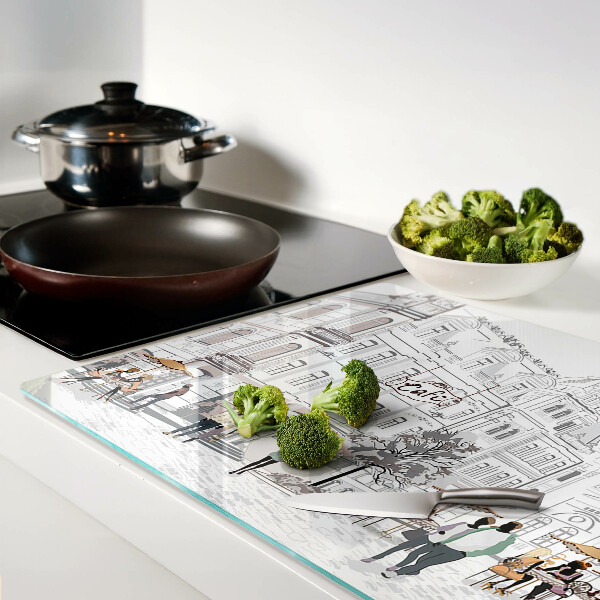 Glas-Schneidebrett mit Cafészenerie aus der Stadt