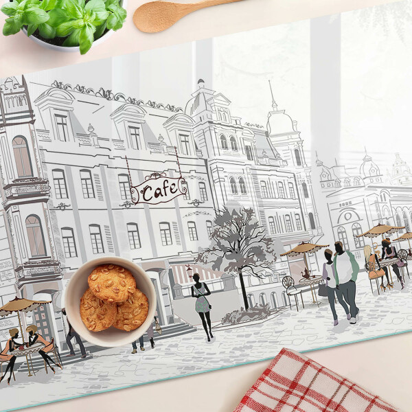 Glas-Schneidebrett mit Cafészenerie aus der Stadt