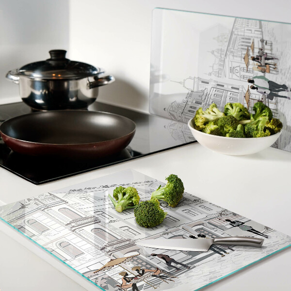 Glas-Schneidebrett mit Cafészenerie aus der Stadt