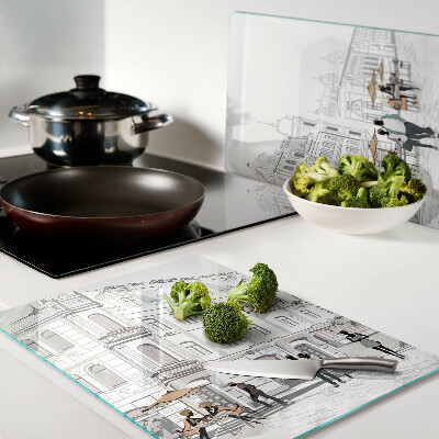 Glas-Schneidebrett mit Cafészenerie aus der Stadt