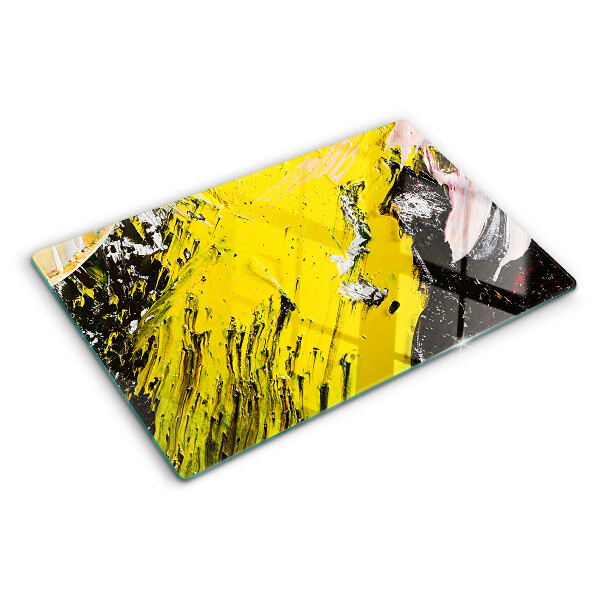 Glas-Schneidebrett mit abstrakter Landschaft in intensiven Farben