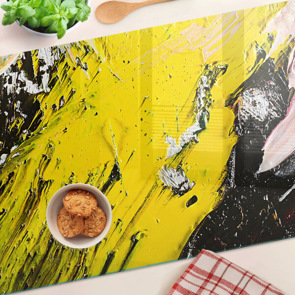 Glas-Schneidebrett mit abstrakter Landschaft in intensiven Farben