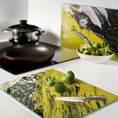 Glas-Schneidebrett mit abstrakter Landschaft in intensiven Farben