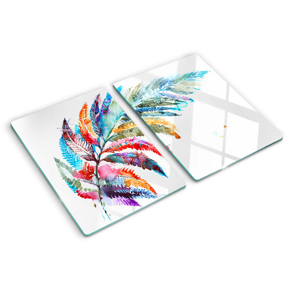 Schneidebrett Glas mit Design aus Farnblättern in Regenbogenfarben