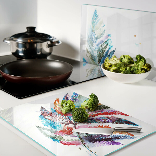 Schneidebrett Glas mit Design aus Farnblättern in Regenbogenfarben