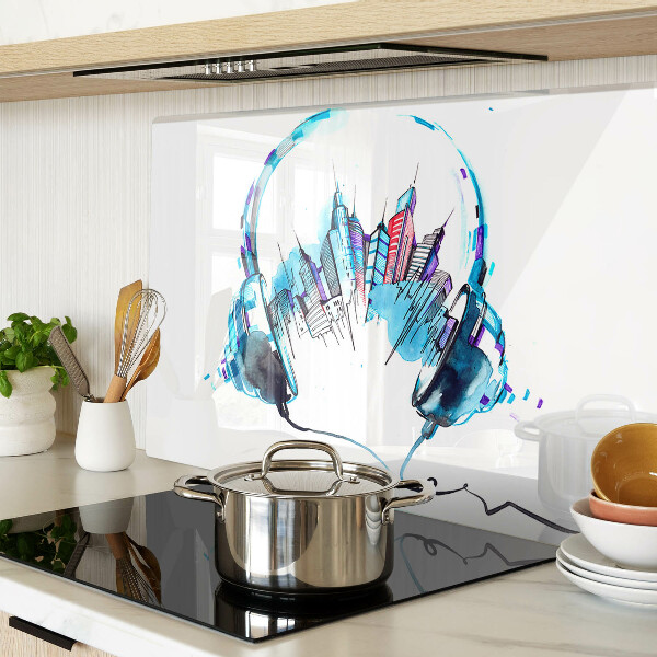 Schneidebrett Kopfhörer mit Stadtpanorama