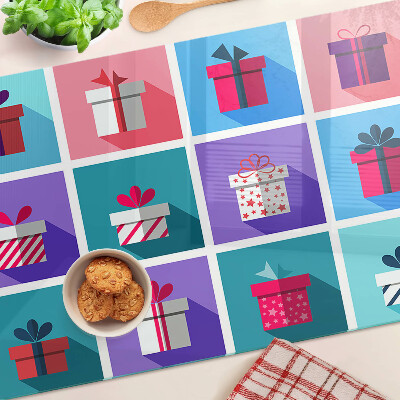 Schneidebrett Glas mit Geschenkaufdrucken in verschiedenen Farben
