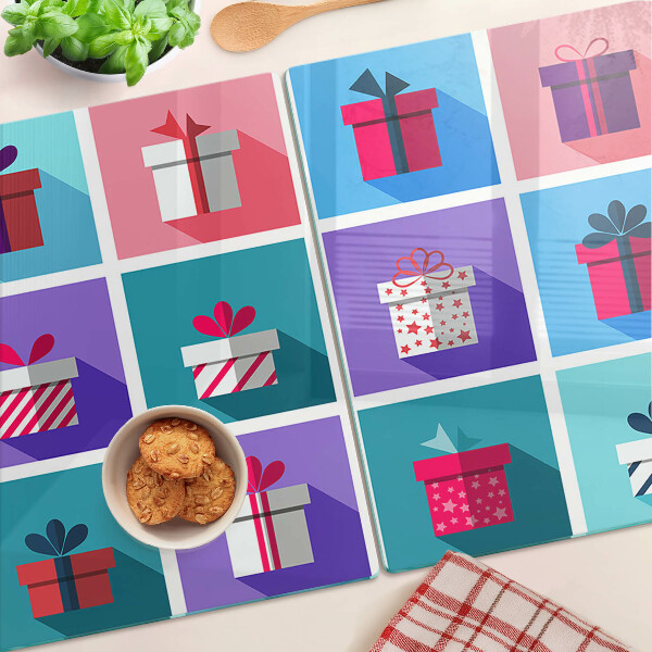 Schneidebrett Glas mit Geschenkaufdrucken in verschiedenen Farben