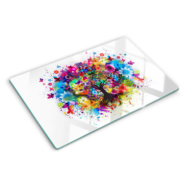 Schneidebrett Glas mit farbenfrohem Baum-des-Lebens-Motiv